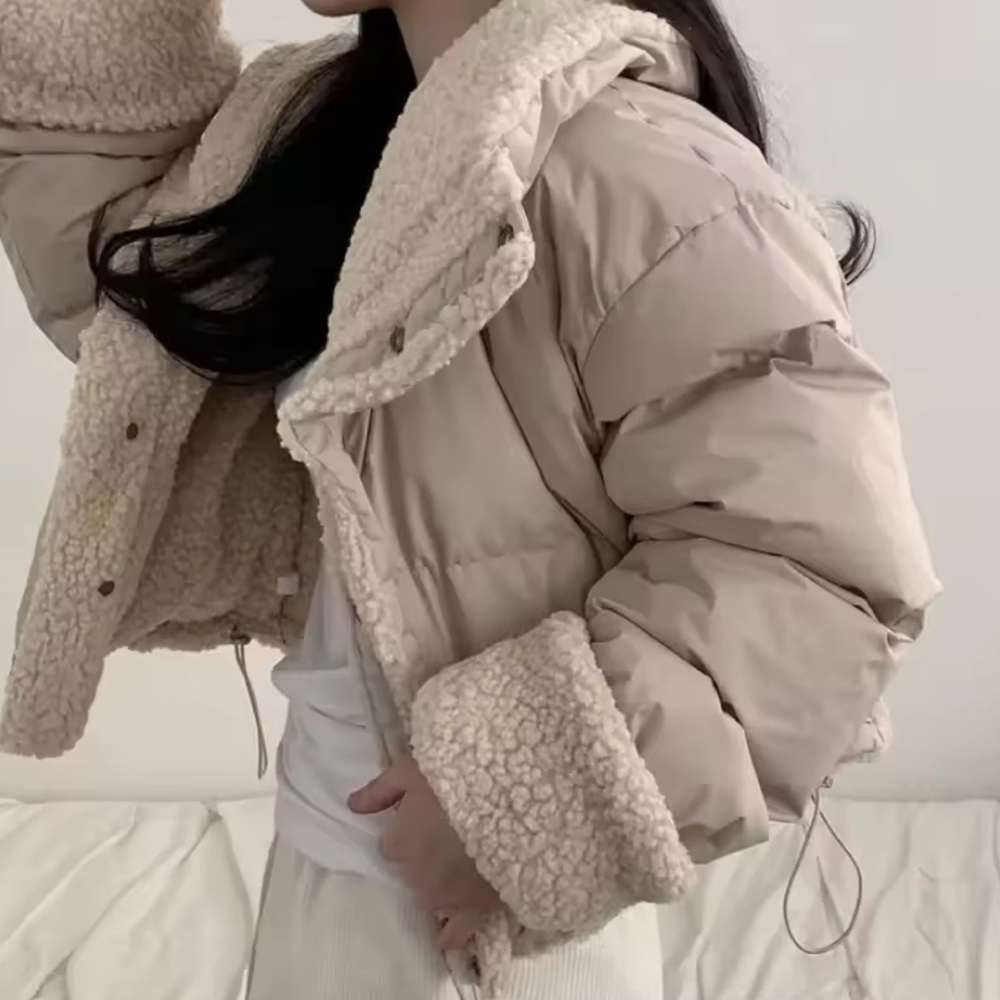 Reversible puffer teddy jacket tan khaki crop Jacket with Cream Sherpa Collar